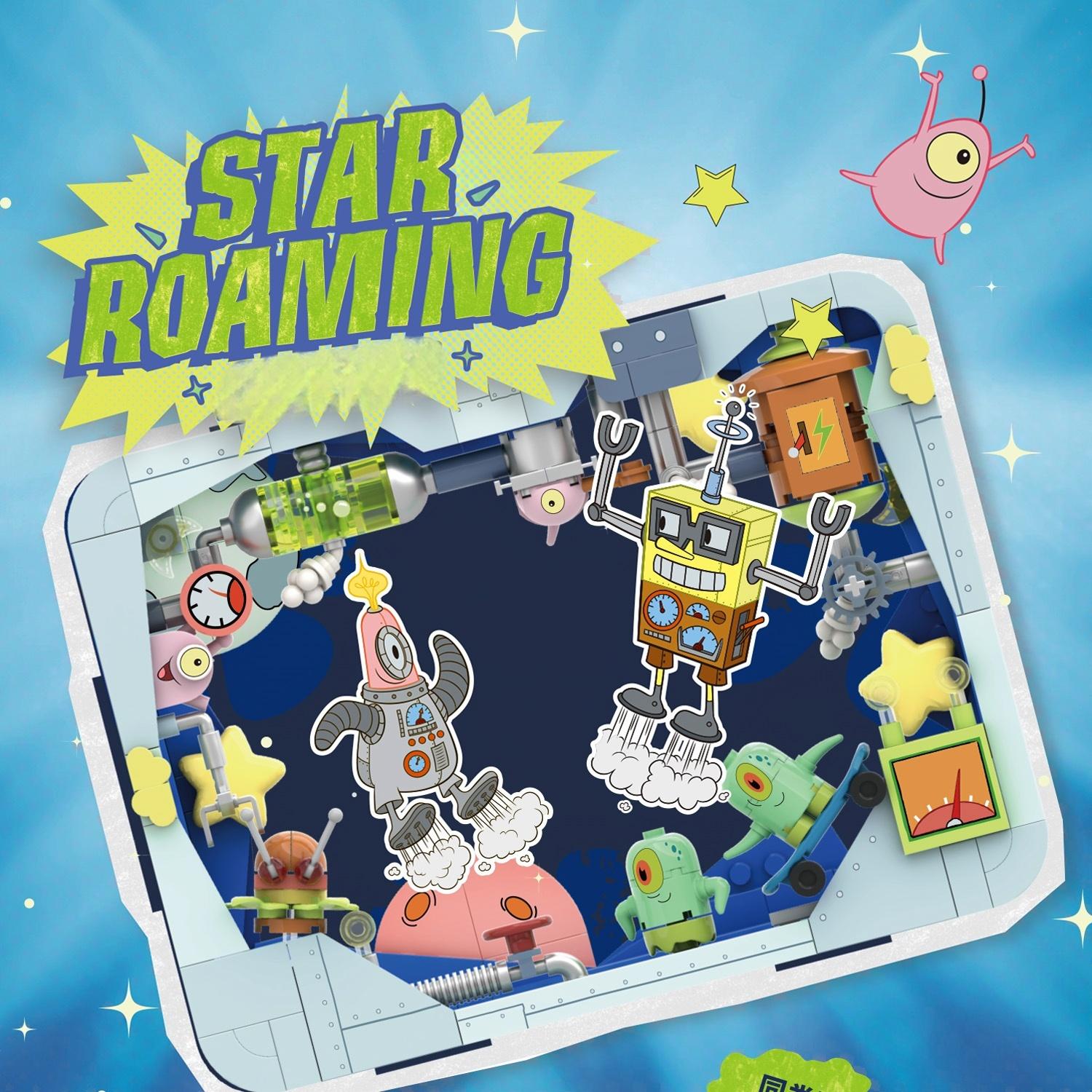 AREA-X SpongeBob Photo Frame Building Blocks Star Roaming set featuring robot-themed SpongeBob characters in a space station scene.